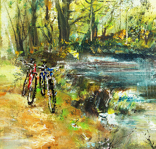在河上骑自行车在帆布上画图片