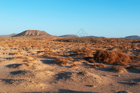 从Majanicho小渔村到Corralejo主要城镇的土路上的沙漠景观和山脉背景图片