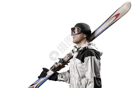 穿白色夹克的滑雪车用白色背景持图片