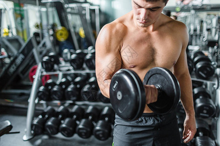 在健身房用哑铃锻炼的肌肉男图片