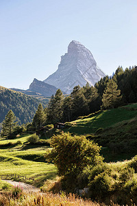 在瑞士Zermatt用传统的瑞士小屋建造的Mathorn山和绿图片