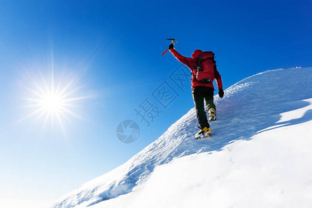 极端的冬季运动登山者的雪峰在顶部图片