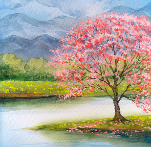 在纸背景上以日本手工风格为美丽明亮的水彩场景着色图片