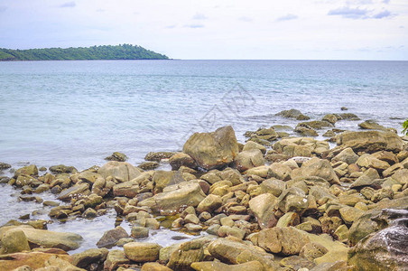 白色天空背景的低潮岩石海边景观图片