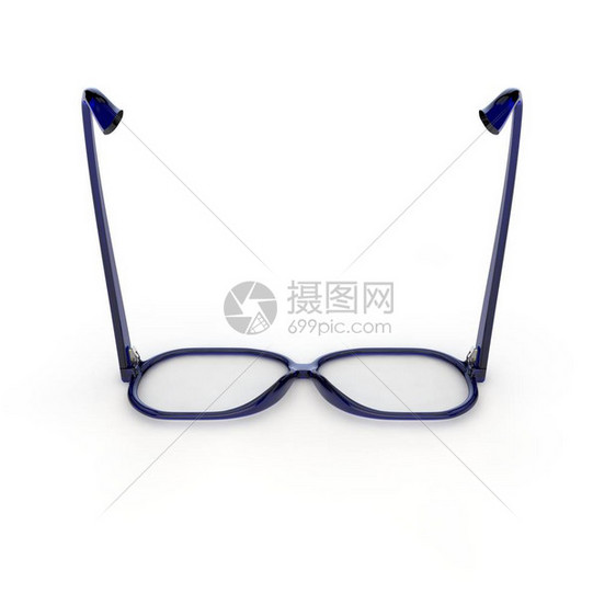 白色孤立背景上蓝色塑料框架的玻璃眼镜图片