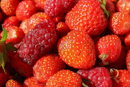 国产草莓和绿叶覆盆子图片