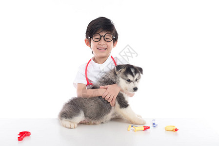 亚洲儿童扮演兽医与西伯利亚哈士奇小狗白色背景隔离图片