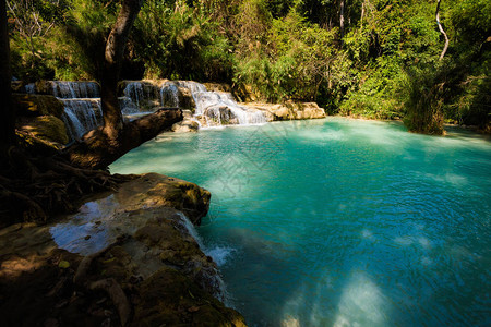 老挝LuangPrabang旅游区附近令人惊叹的KuangSi瀑布图片