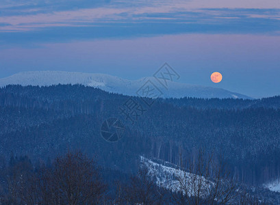 夜晚山顶的冬季风景满月和喀尔巴阡图片