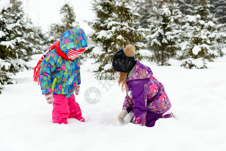 女孩和小妹在雪中玩图片