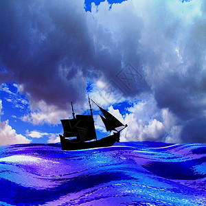 蓝色白色和紫色的波浪旧船和戏剧天空图片