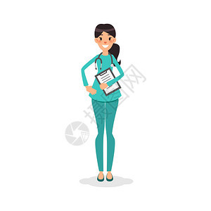 卡通平面护士微笑有听诊器和病史的年轻女医生医疗或信息海报的护理女角色护士医生图片