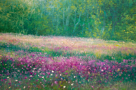油画布紫罗兰花和绿树的春天草甸图片