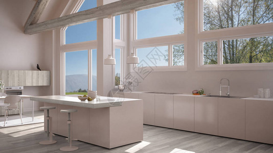 古典别墅的现代厨房阁楼夏季春草原上的大型全景窗白色最起图片