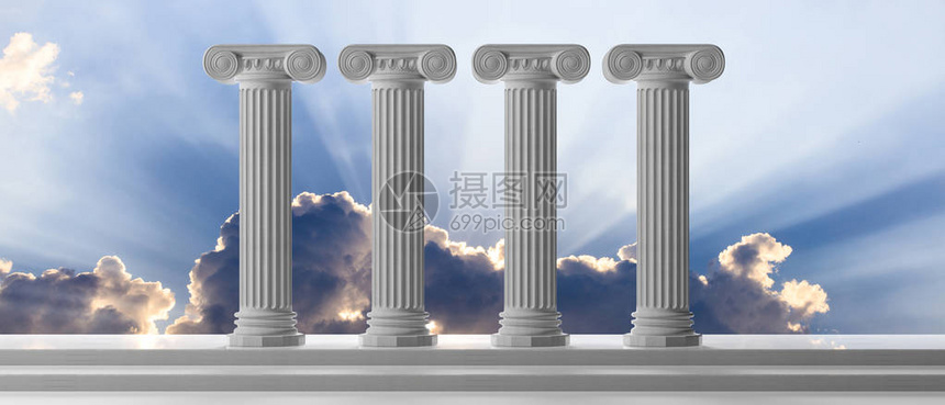 教育和民主的概念四大理石柱子和台阶在蓝天背景3d插图图片