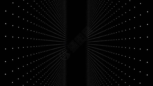 通过抽象分形发光点矩阵格的移动飞入几何闪光点结构模拟了黑色空间中垂直星片的缓慢飞行抽象未来宇宙图片