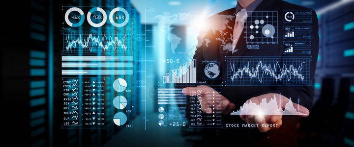 投资者分析股票市场报告和财务仪表板与商业智能BI与关键绩效指标KPI商人手与财务程序在宽屏电脑背景图片