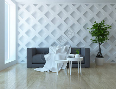 一个白色的斯堪的纳维亚客厅内部的想法与沙发和窗口中的白色景观首页北欧内饰3D插图片