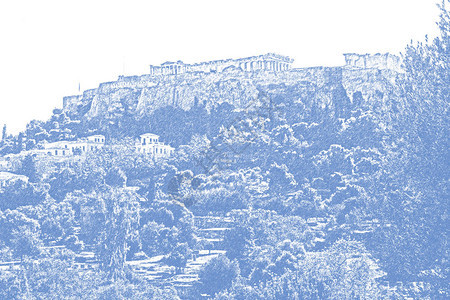 希腊雅典卫城帕台农神庙的风格化蓝白图像图片