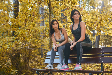 在秋天的公园里两个穿着服的漂亮女孩坐在长凳上图片