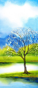 茂盛大树美丽明亮的水彩场景在日本手工风格的纸背景与文本空间宁静溪流雾岛上野生郁葱的白色茂盛苹果苗背景