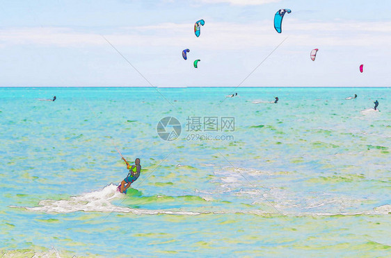 在西班牙海浪上漂浮水彩画积图片