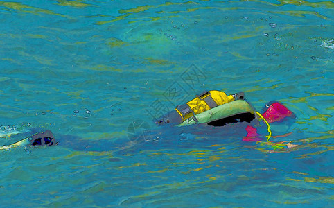 西班牙湾蓝水彩色油漆上的湿衣服中说明图片