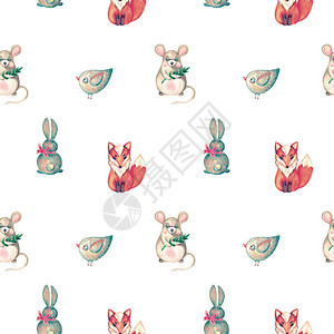 无缝水彩色型可爱动物狐鸟兔鼠手图片