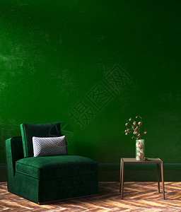 在客厅内装有绿色沙发桌子和装饰的室内部模图片