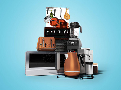 概念组厨房电器微波咖啡机搅拌机电饭煲电烤箱3d渲染在蓝图片