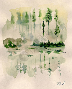 森林景观的水彩图画树木在图片