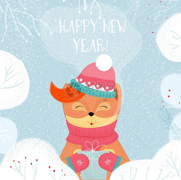 新年快乐贺卡冬天狐狸拿着包装好的礼品盒Kawai小狐狸穿着围巾帽子和手套图片