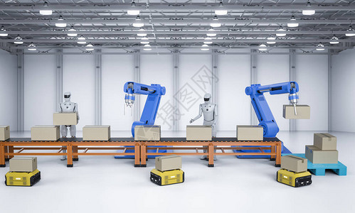 自动化工厂概念有3D制成机器人装图片