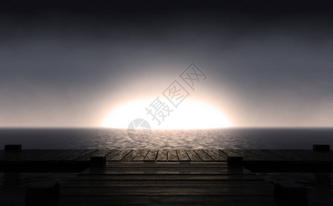 木制船在清凉的水面上弹着太阳在暗光的地平线上升图片