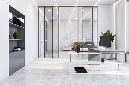 时尚的家庭办公室内部有白色的墙壁混凝土地板舒适的灰色和白色电脑桌以及背景中宽敞的主卧室背景图片