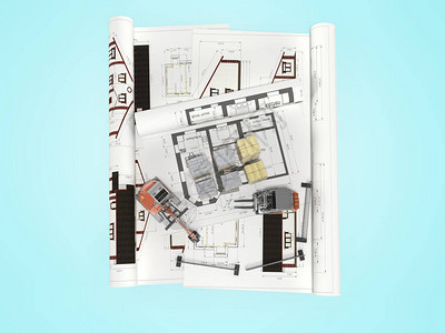 3d渲染概念建筑材料在带有装载机的图纸和带有阴影图片