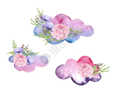 与花束的水彩云色插图上白色孤立手绘花卉元素图片