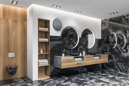 豪华浴室的角落配有白色和黑色大理石墙壁带两个圆形镜子的双水槽和靠近带毛巾的木架子的厕所背景图片