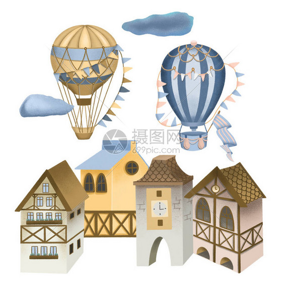 说明巴伐利亚人的房屋和天空中的回天热气球的老城街在白图片