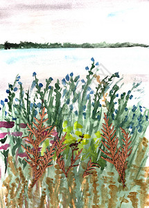 水彩画春天夏风景与湖和绿草图片