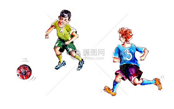 手绘水彩插图足球比赛来自不同球队的两名男孩足球运动图片