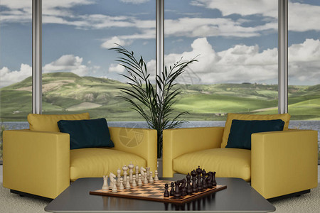 3D插图前台象棋板和象棋背景图片