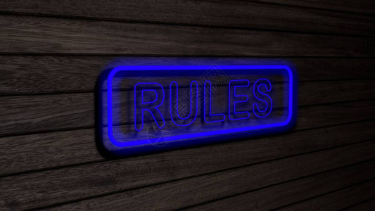 规则木墙上的蓝色霓虹灯管标志3D渲染插图海报横幅题字图片