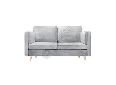 现代灰色简约沙发的手绘水彩插图舒适的家居装饰品白色背景图片