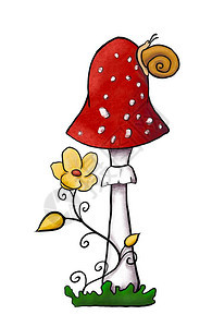 与黄色花的redcap飞木耳的插图手绘毒蘑菇图片