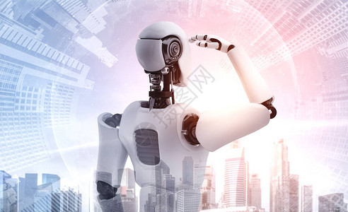 3D插图机器人形期待城市天际线人工智能AI未来发展的领导理念背景图片