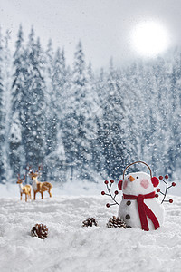 圣诞雪景雪地上的可爱雪人和麋鹿背景
