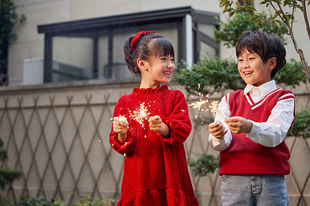 烟花手绘儿童过年在院子里放烟花背景