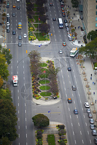 与树木和车辆的道路交界处的高架视图图片