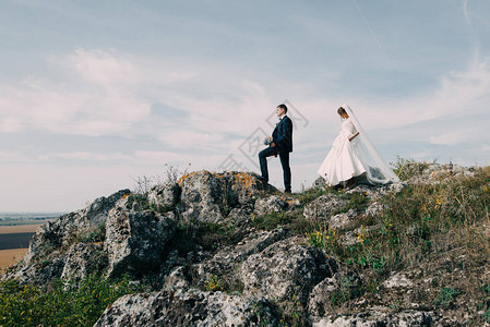 夫妻新娘在巨大石头背景的树木图片